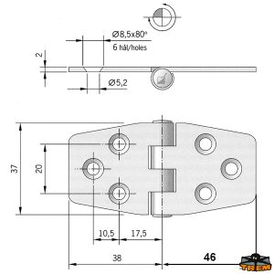 Cerniera 6 fori inox AISI 316 84x37 mm